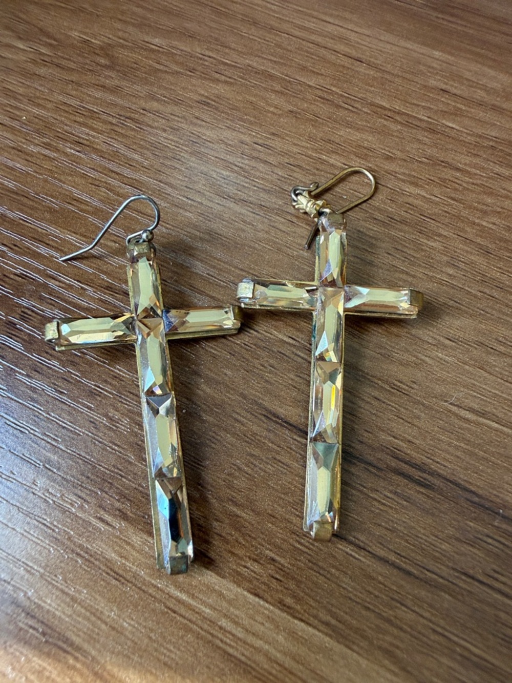 Virgins Saints & Angels Champagne Gold Crystal Cross Dangle Earrings - 2” tall